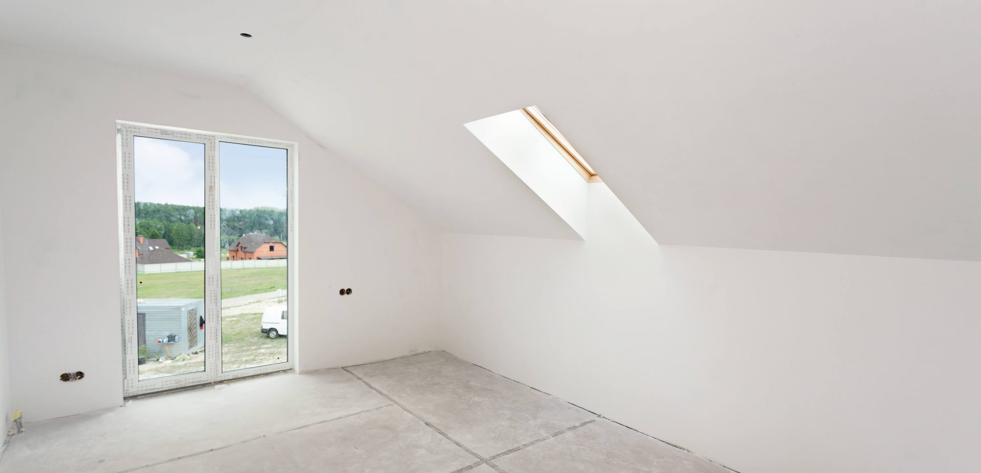 Newly plastered attic room with smooth white walls and a skylight